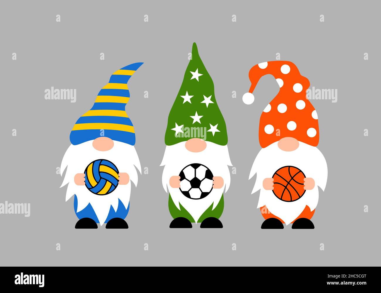 Sport gnomes. Cute characters holding basketball, volleyball, soccer balls. Vector template for banner, poster, t-shirt, etc. Stock Vector