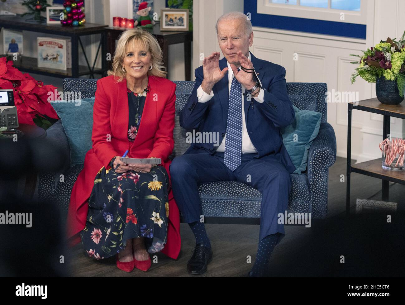 Washington, United States. 24th Dec, 2021. United States President Joe Biden and first lady Dr. Jill Biden speak to families from the South Court Auditorium, on the White House grounds in Washington, DC, as NORAD (North American Aerospace Defense Command) follows Santa's journey on Christmas Eve, Friday, December 24, 2021. Photo by Ron Sachs/UPI Credit: UPI/Alamy Live News Stock Photo