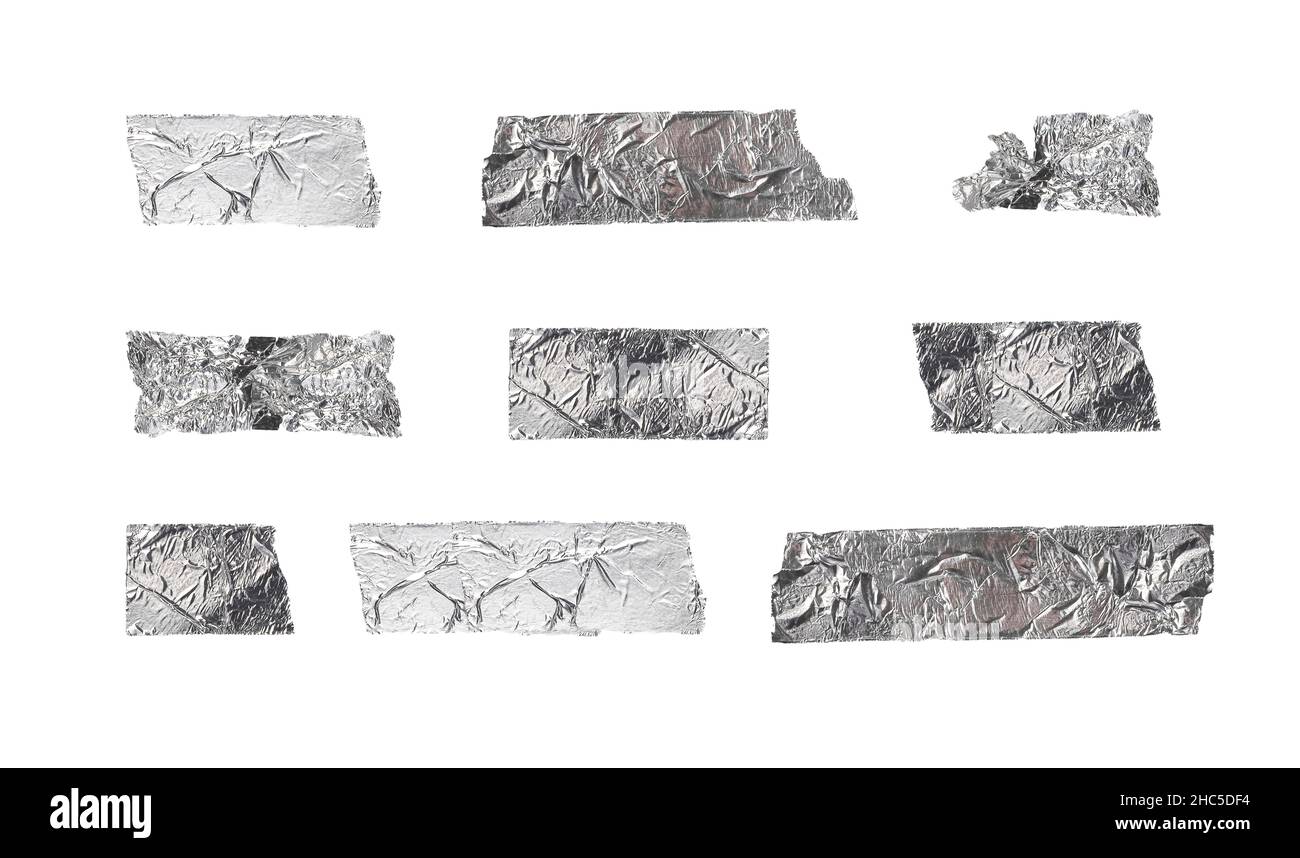 Silver tapes set. Adhesive torn, ripped, crumpled shining paper strips isolated on white background. Stock Photo