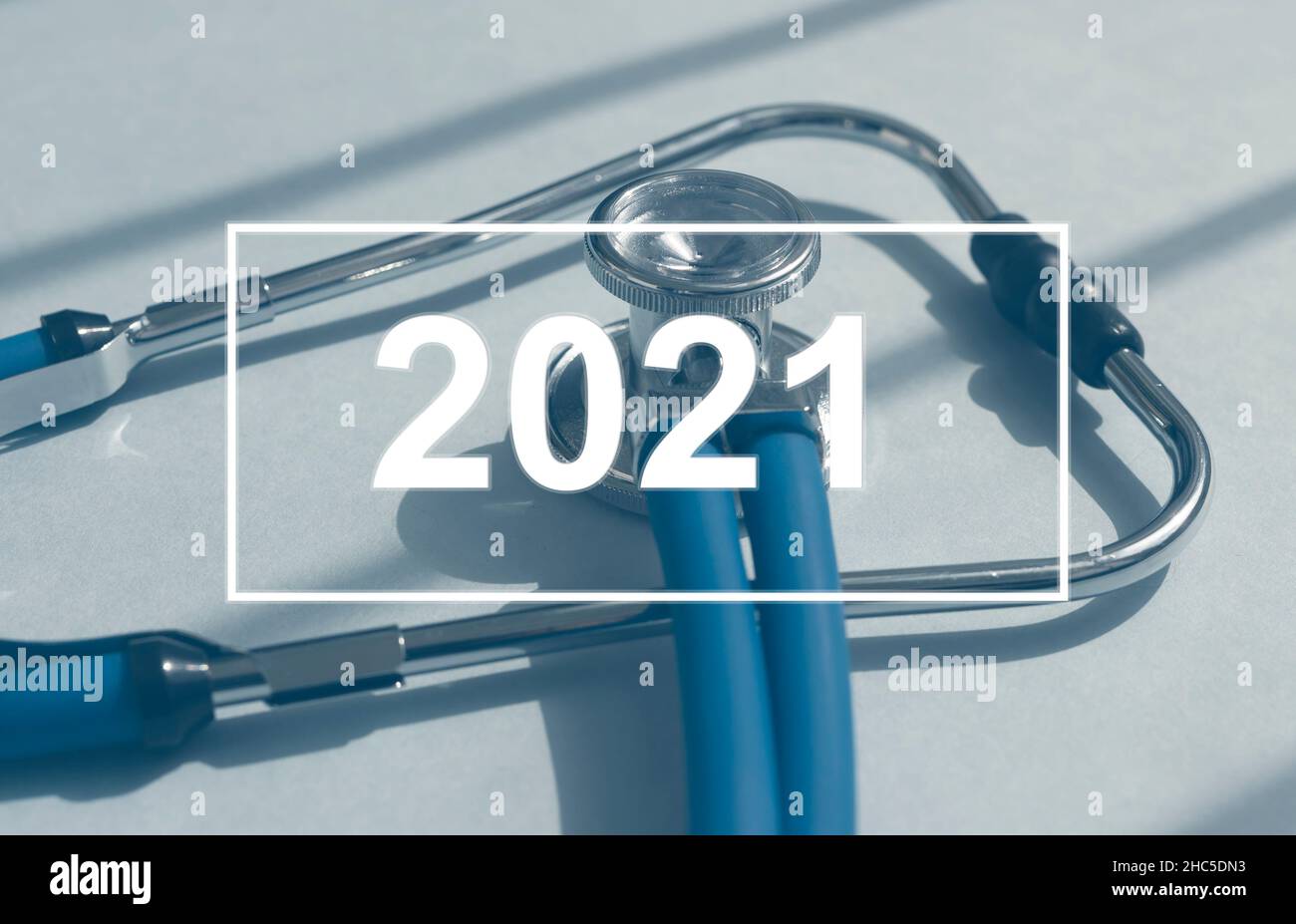 2021 recap, medical review and summary concept with stethoscope. Stock Photo