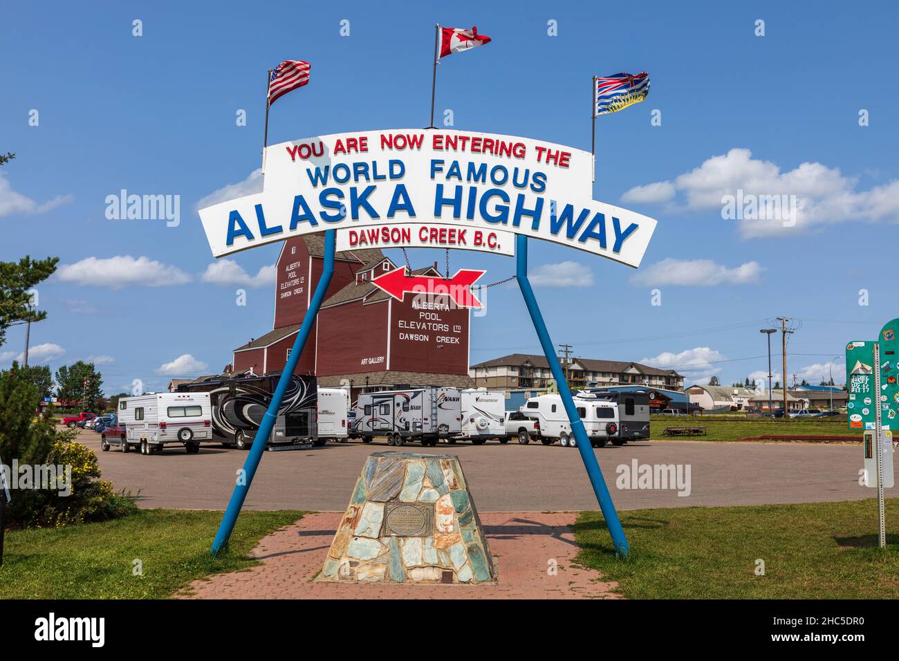 Mile 0 sign of Alaska Highway in Dawson Creek, British Columbia, Canada Stock Photo