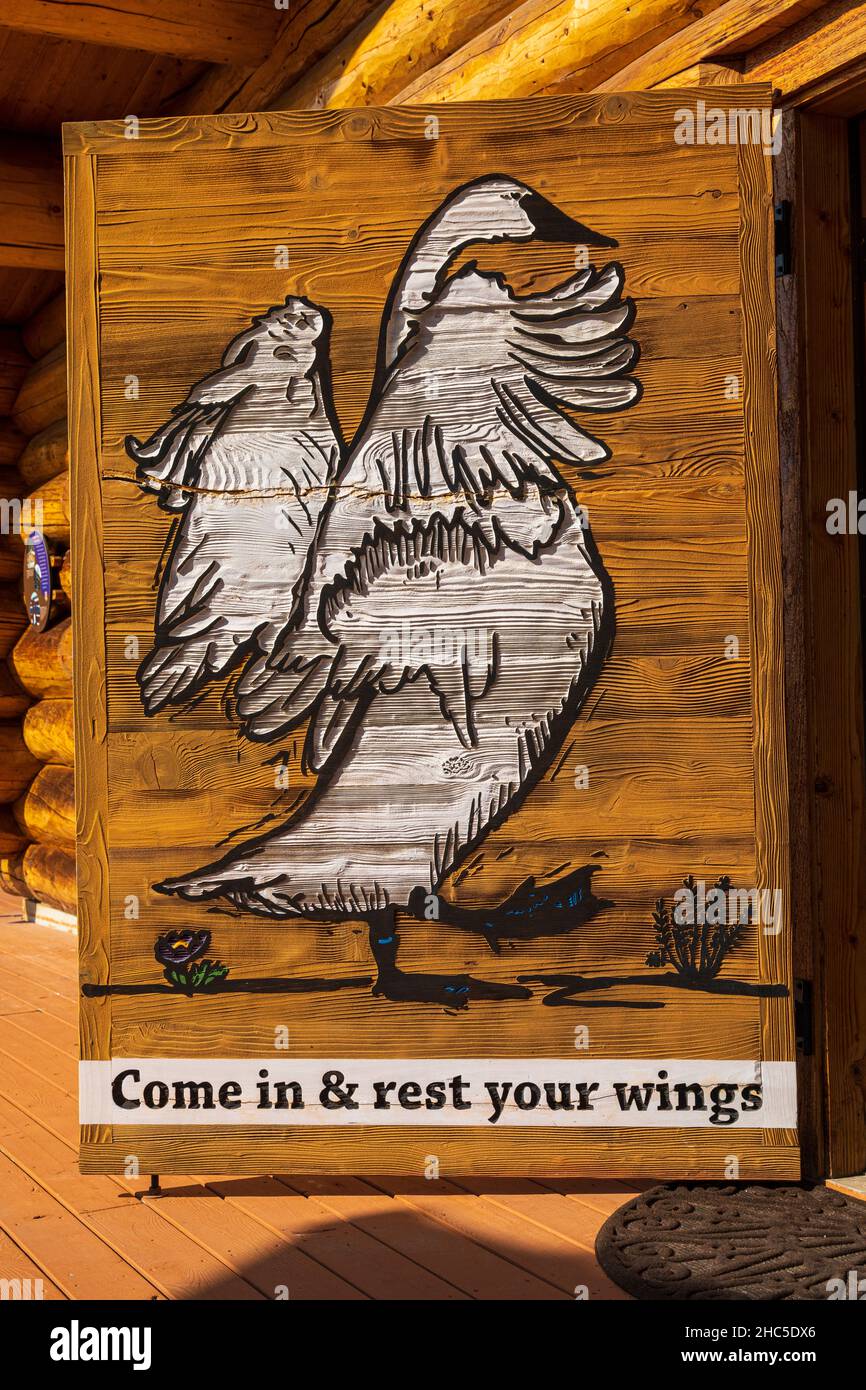 Tetlin National Wildlife Refuge Visitor Center door carving, Alaska Stock Photo