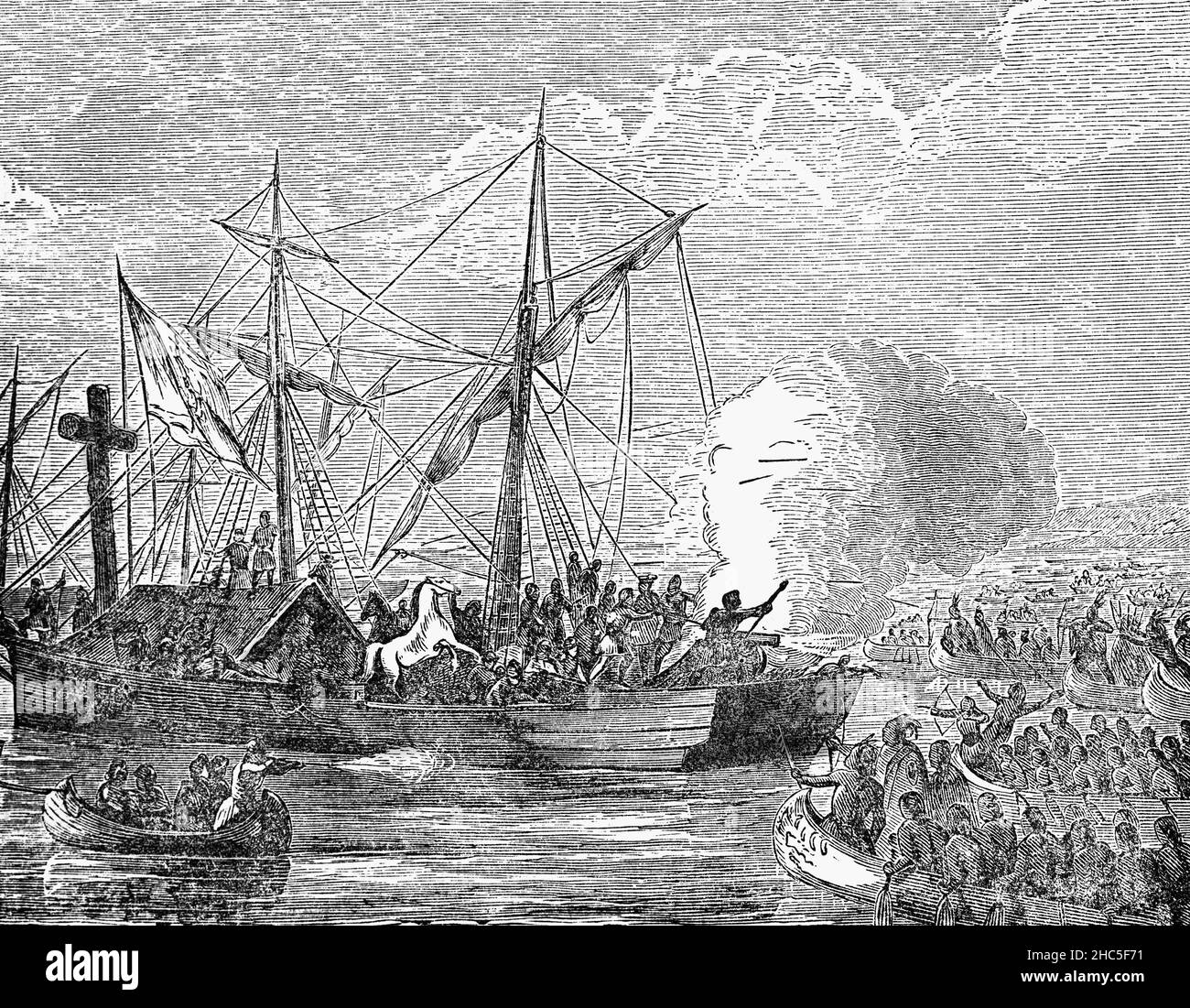 A late 19th Century illustration of Spanish explorers descending the Mississippi River following the death of Hernando de Soto (1500-1542). A Spanish explorer and conquistador, he was best known for leading the first European expedition deep into the territory of the modern-day United States through Florida, Georgia, Alabama, Mississippi, and most likely Arkansas. He was the first European documented as having crossed the Mississippi River. Stock Photo