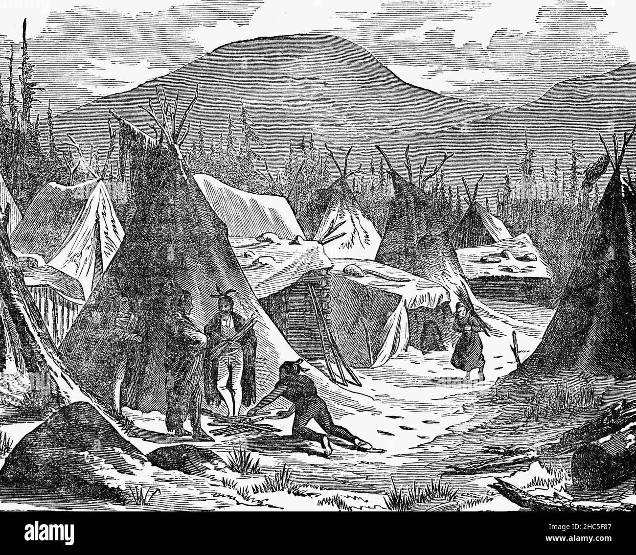 A late 19th Century illustration of a Native American Teepee village in winter. The shelters were used by Plains Indians, who were nomadic and needed an easily movable shelter. These tribes depended largely on the buffalo herds, so when the herds moved, they needed to pack up and follow.  Native Americans, also known as American Indians, First Americans, Indigenous Americans are the Indigenous peoples of the United States and Canada. Stock Photo