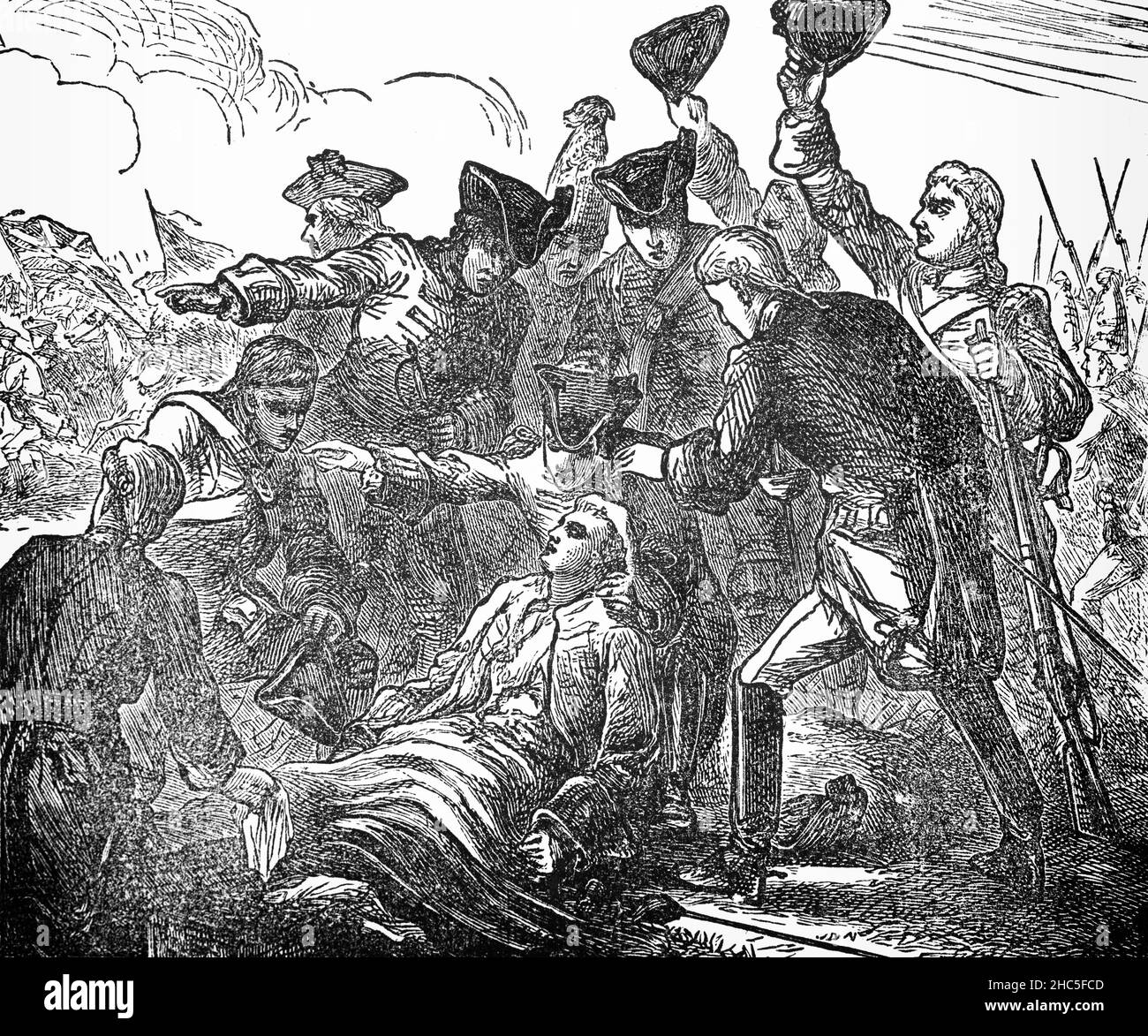 A late 19th Century illustration of the death of Major-General James Wolfe (1727-1759), a British Army officer remembered chiefly for his victory in 1759 over the French at the Battle of the Plains of Abraham in Quebec. Wolfe led 4,400 men in an amphibious landing at the base of the cliffs west of Quebec along the St. Lawrence River. His army scaled the 200-metre cliff from the river and surprised the French under the command of the Marquis de Montcalm, who thought the cliff would be unclimbable and were defeated after fifteen minutes of battle, during which Wolfe was shot  and died. Stock Photo