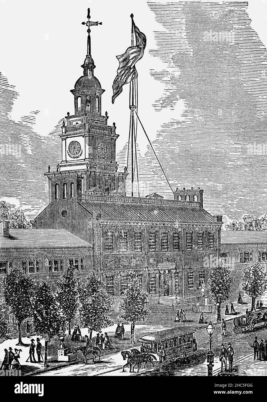 A late 19th Century illustration of Independence Hall, a historic civic building in Philadelphia, Pennsylvania in which both the United States Declaration of Independence and the United States Constitution were debated and adopted by America's Founding Fathers. The building was completed in 1753 as the Pennsylvania State House, and served as the capitol for the Province and Commonwealth of Pennsylvania, later becoming the principal meeting place of the Second Continental Congress from 1775 to 1783 and the site of the Constitutional Convention in the summer of 1787. Stock Photo