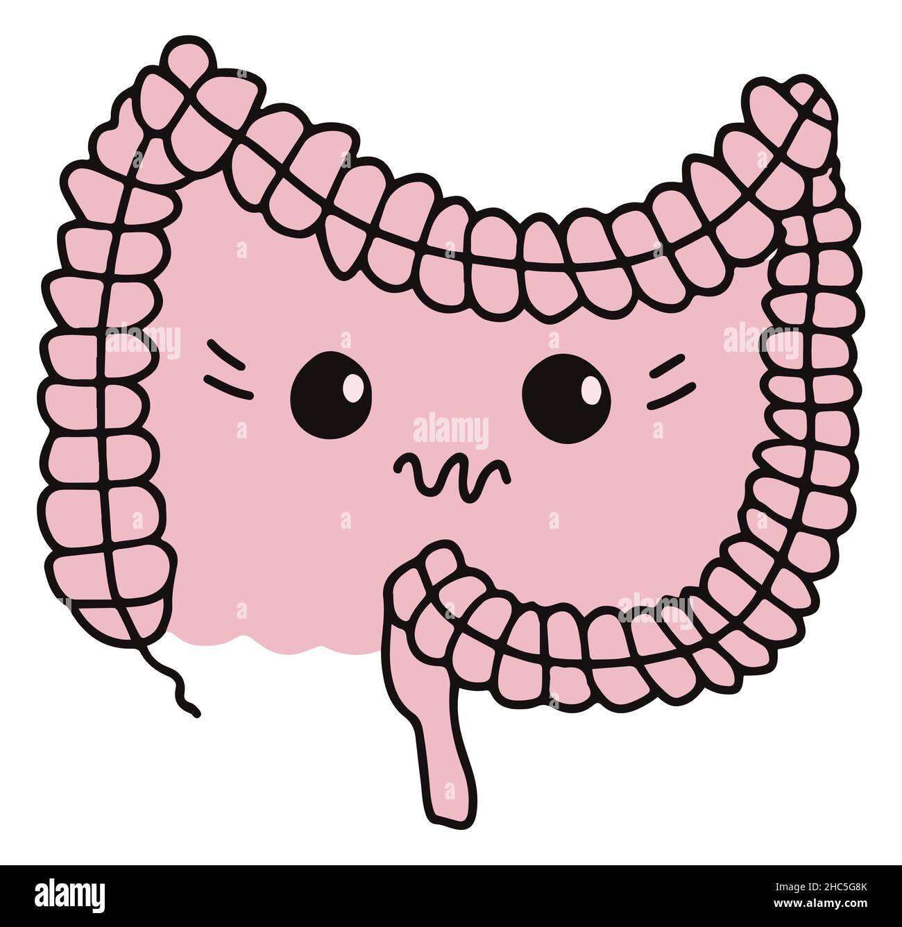 Simple gastrointestinal illustration of bowel internal system. Healthy gut concept. Unhappy abdominal cute expression Stock Vector