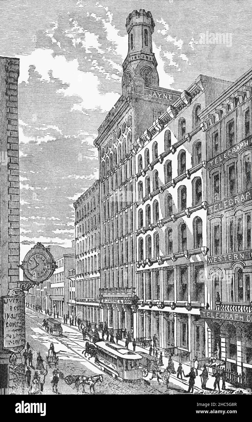 A late 19th Century illustration of Chestnut Street, a major historic street in Philadelphia, Pennsylvania, USA, running east–west from the Delaware River waterfront in downtown Philadelphia through Center City and West Philadelphia. When the citizens of Philadelphia were afraid that the British might attack the essentially unmanned Fort Mifflin, the secretary of the Young Men's Democratic Society called a meeting, to be held at Stratton's Tavern on March 20, 1813. The young men agreed to volunteer their services to defend the fort. Stock Photo