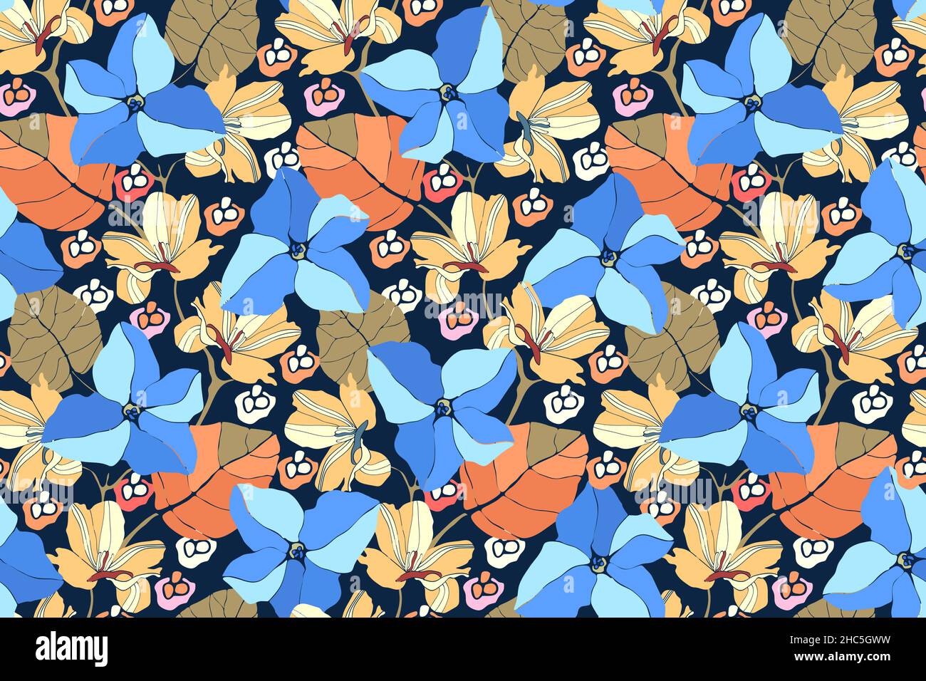 Art floral vector seamless pattern. Blue flowers. Stock Vector