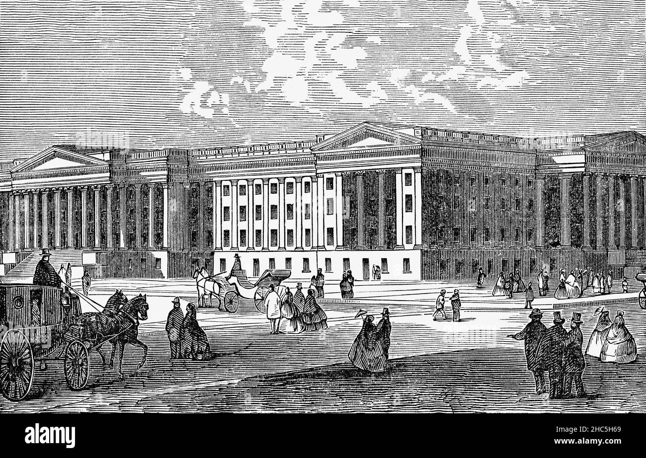 A late 19th Century illustration of the neoclassical Treasury Building in Washington, D.C., is a National Historic Landmark building which is the headquarters of the United States Department of the Treasury. The original building was destroyed in the  1833 fire and left the Department without a home of its own. On July 4, 1836, Congress authorized the construction of a 'fireproof building' much of which was designed by Robert Mills, who was also the architect of the Washington Monument and the Patent Office Building. Stock Photo
