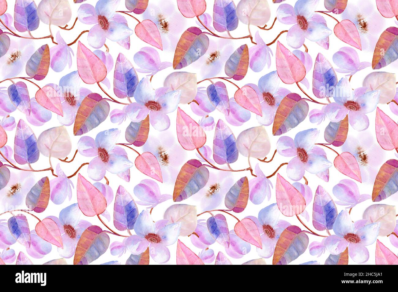 Watercolor flowers with branches and leaves. Floral seamless pattern ...