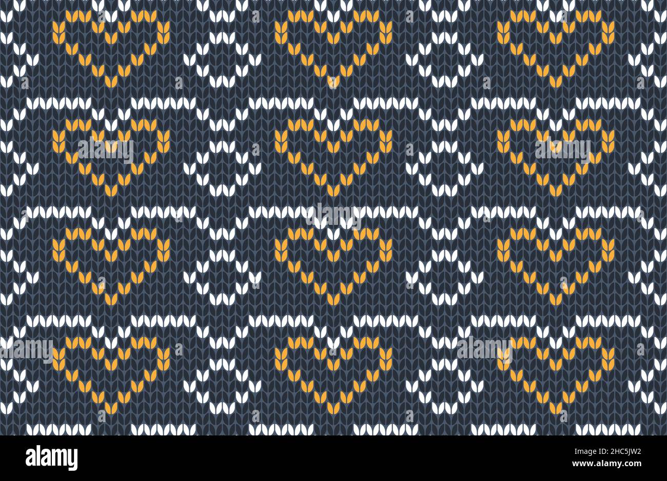 Vector seamless Knitting Pattern in blue, yellow and white colors. Autumn Design with hearts. Stock Vector