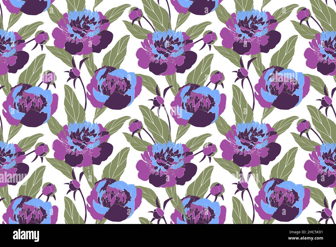 Vector floral seamless pattern. Blue, purple peonies. Stock Vector