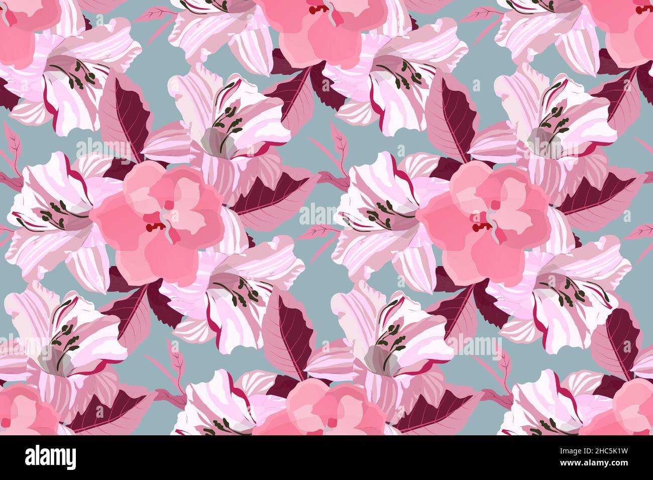 Art floral vector seamless pattern. Pink lilies. Stock Vector