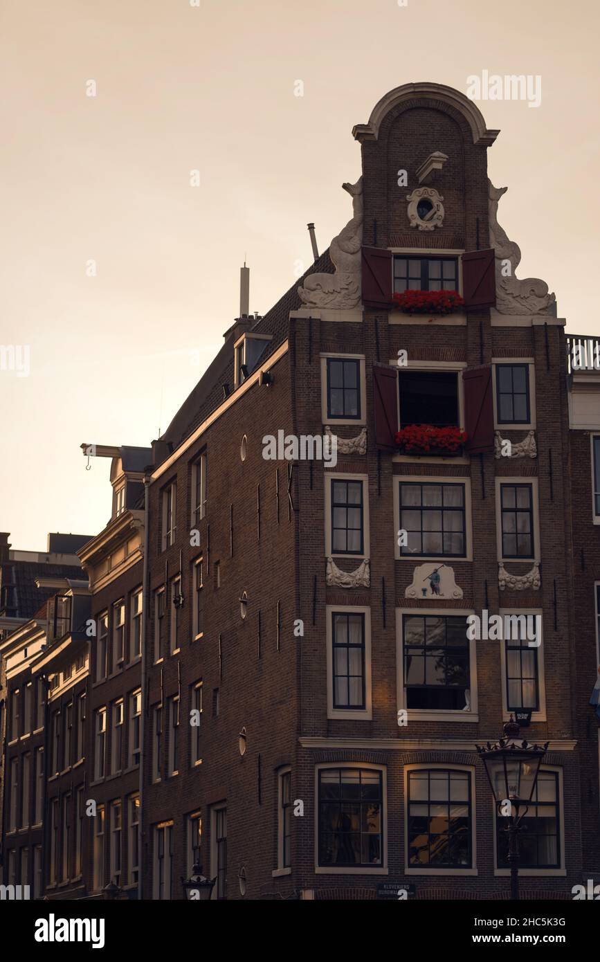 Vertical shot of Hash Marihuana and Hemp Museum at sunset in Amsterdam, Netherlands Stock Photo