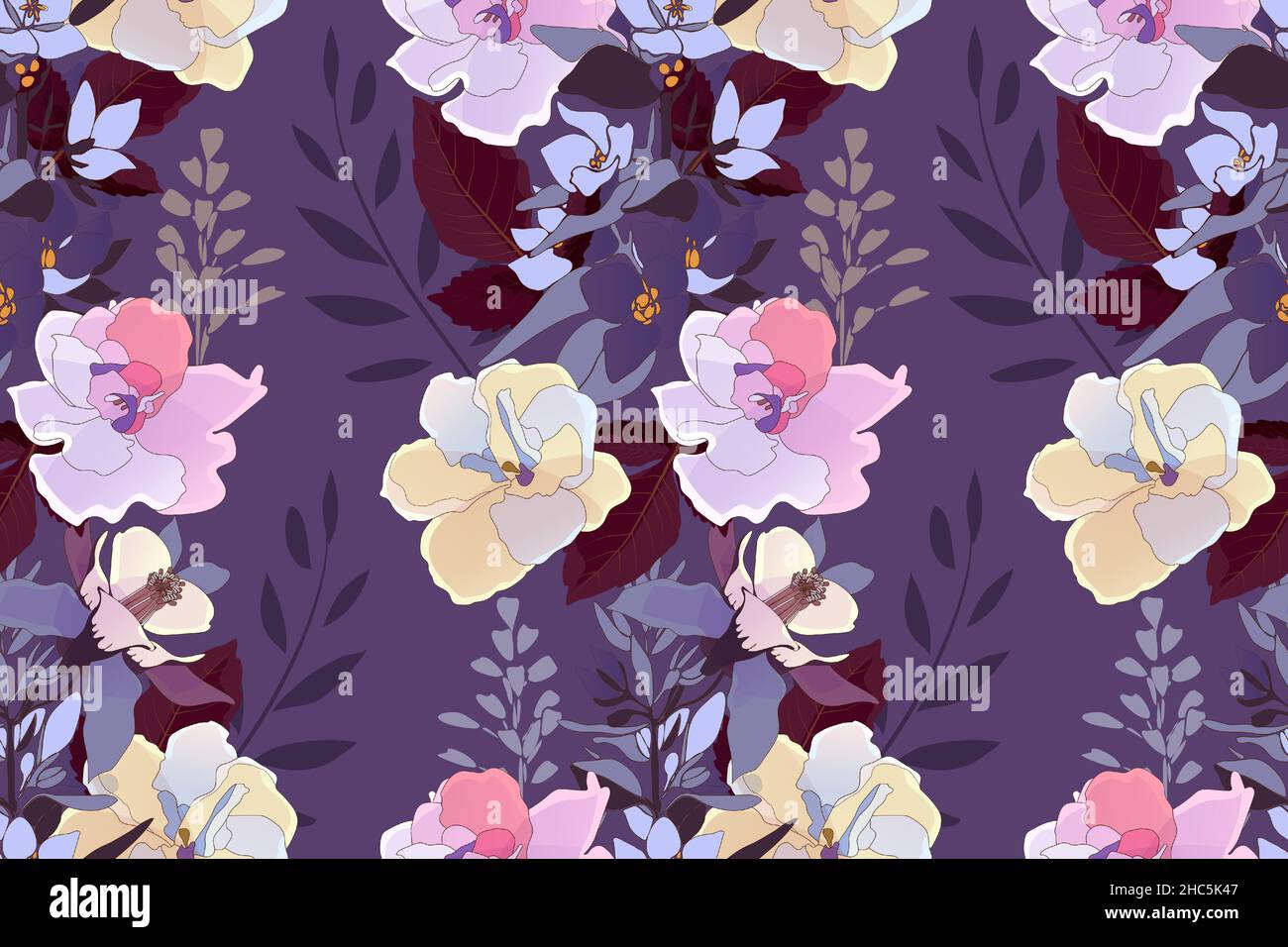 Art floral seamless pattern. Pink viola flowers, Stock Vector