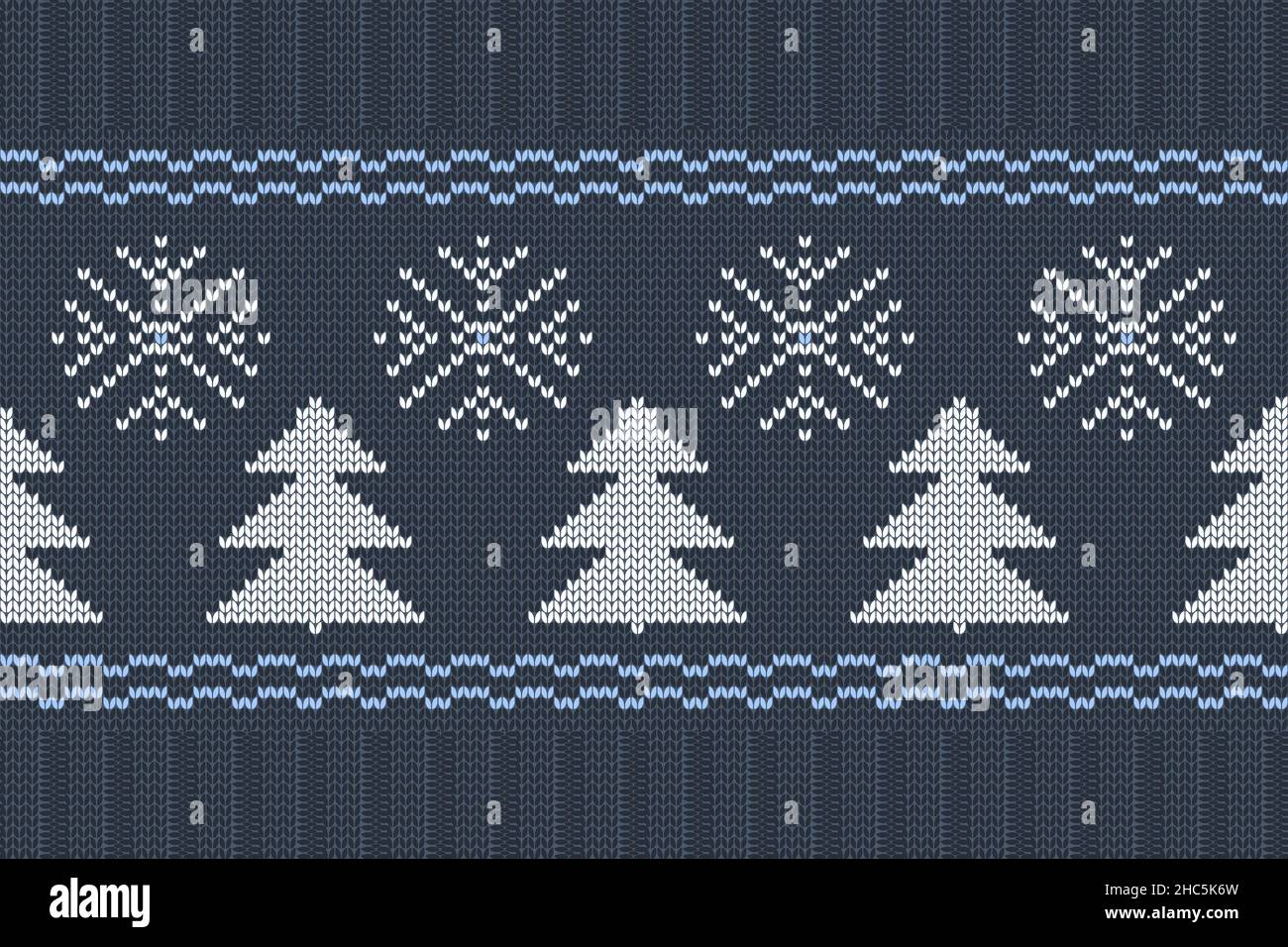 Vector seamless Nordic Knitting Pattern in blue, white colors with snowflakes and Christmas trees. Stock Vector
