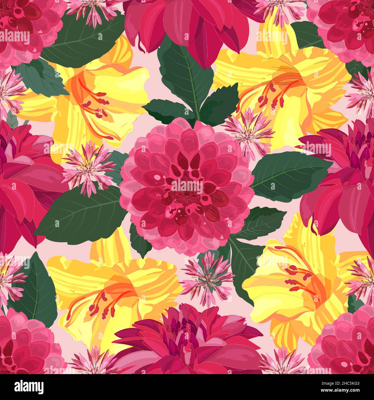 Floral vector seamless pattern, dahlias and lilies.  Stock Vector