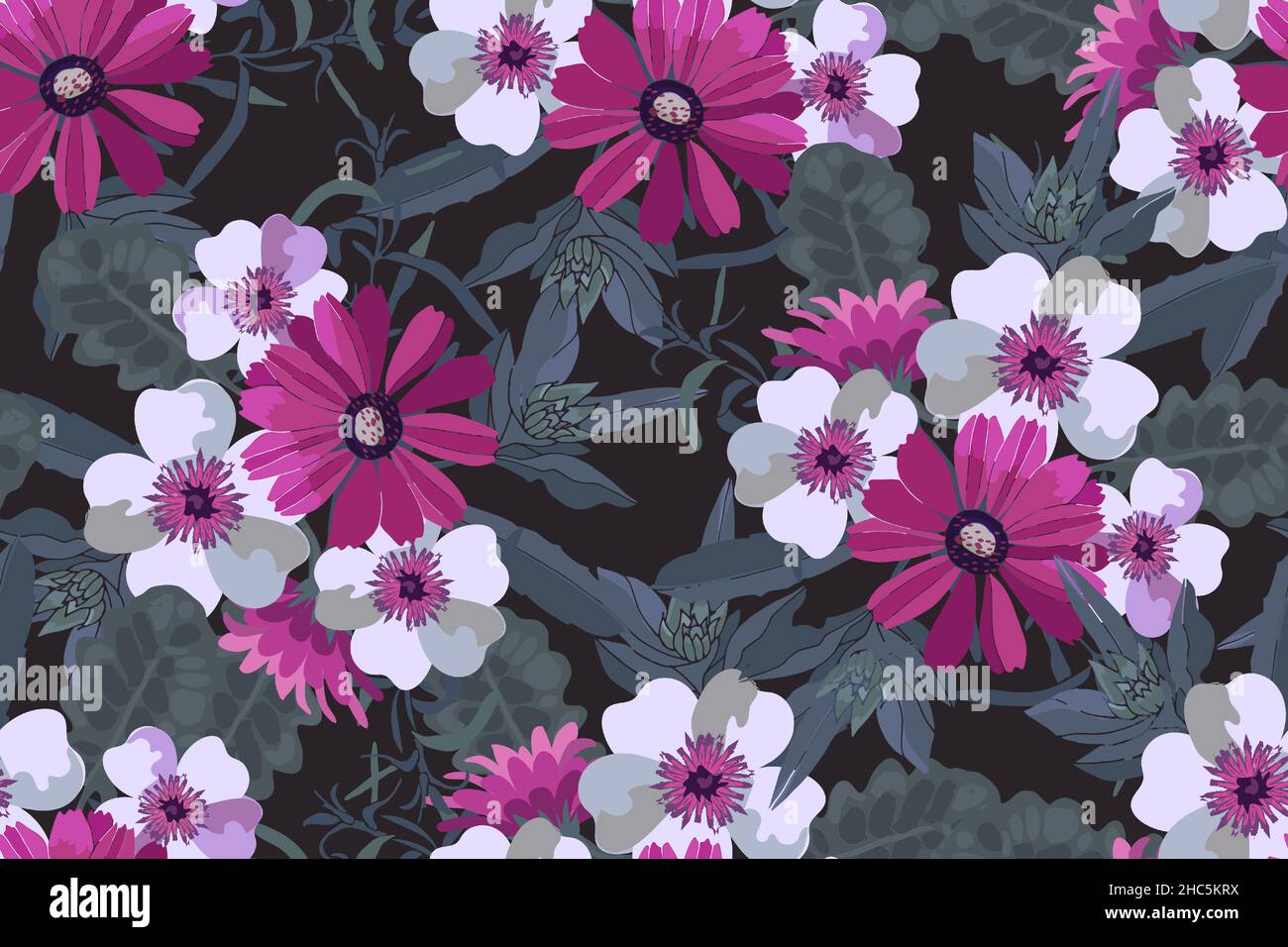 Art floral vector seamless pattern. Pink and white flowers with green ...