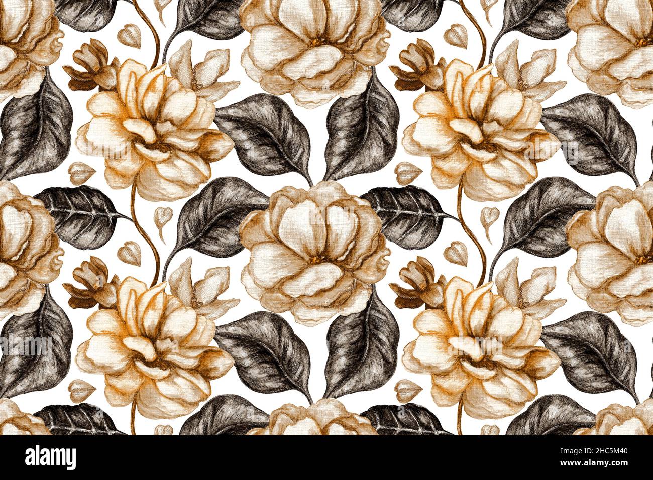 Art floral seamless pattern. Watercolor coffee-colored flowers and ...