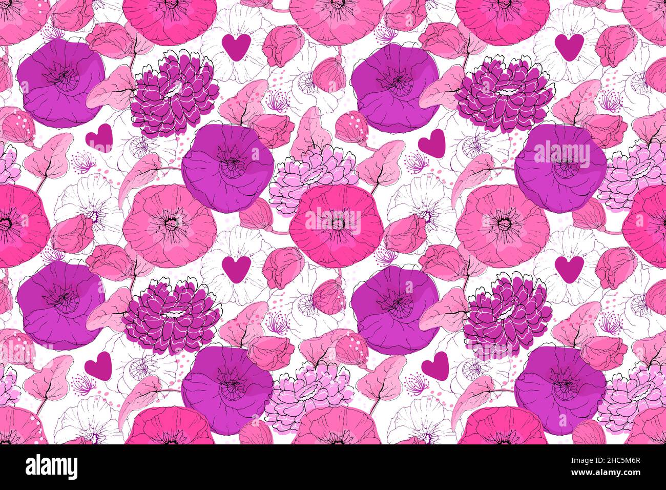 Pink and purple flowers with little purple hearts. Stock Vector