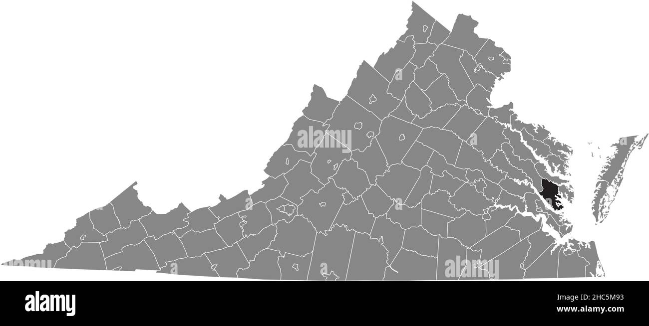 Black highlighted location map of the Gloucester County inside gray administrative map of the Federal State of Virginia, USA Stock Vector