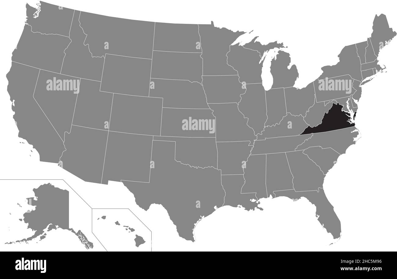Black highlighted location administrative map of the US Federal State of Virginia inside gray map of the United States of America Stock Vector