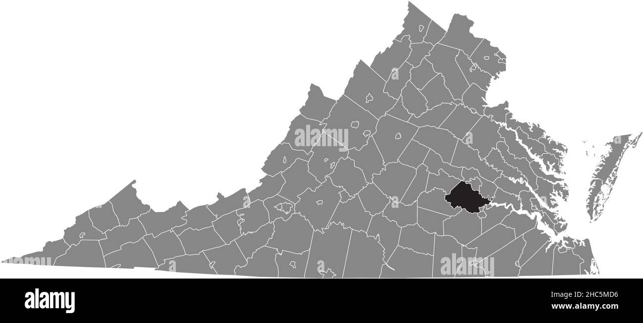 Black highlighted location map of the Chesterfield County inside gray administrative map of the Federal State of Virginia, USA Stock Vector