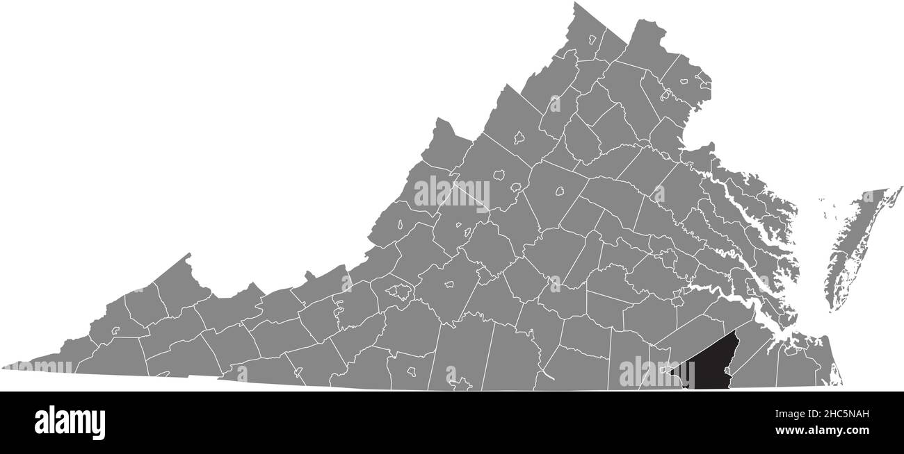 Black highlighted location map of the Southampton inside gray administrative map of the Federal State of Virginia, USA Stock Vector