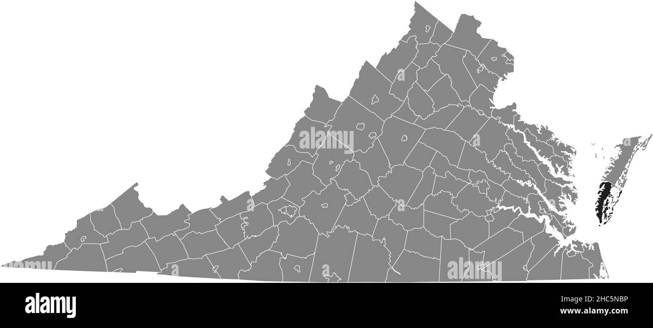 Black highlighted location map of the Northampton inside gray administrative map of the Federal State of Virginia, USA Stock Vector