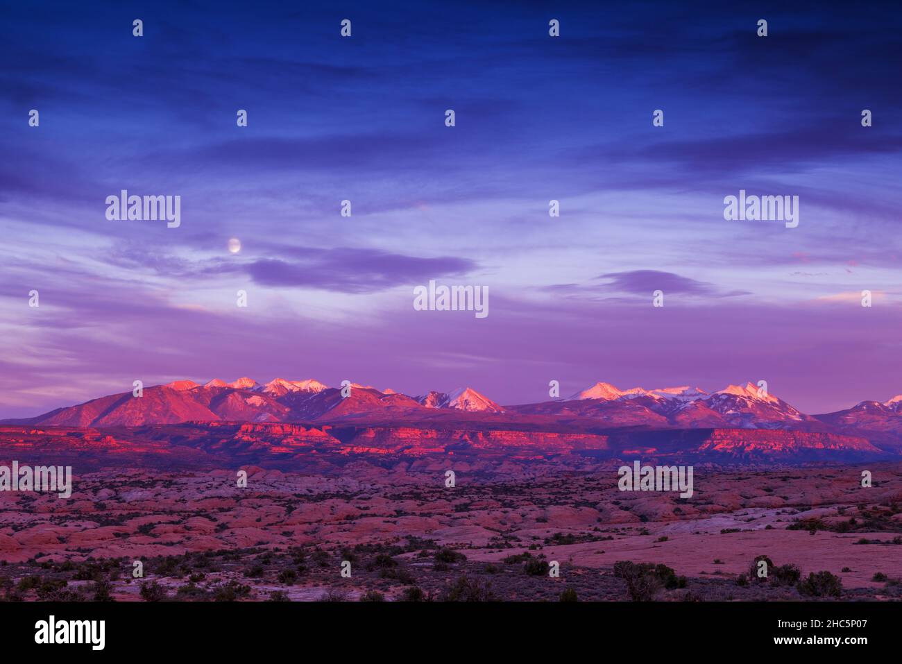 La Sal Mountains at twilight in Arches National Park, Utah Stock Photo