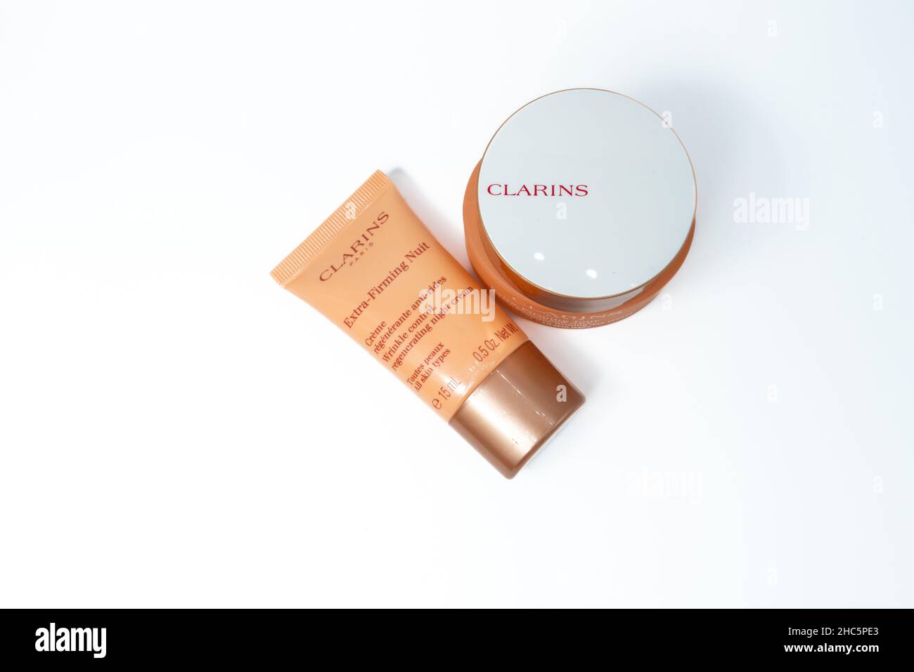 Barcelona, Spain - 12.24.2021: Clarins night cream for nourishing and moisturizing the skin of the face isolated Stock Photo