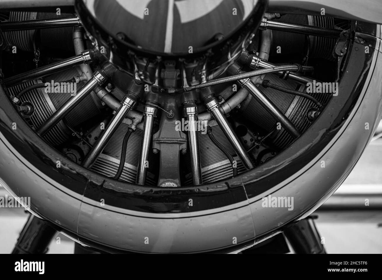 Grayscale image of a radial engine of the military trainer aircraft ...