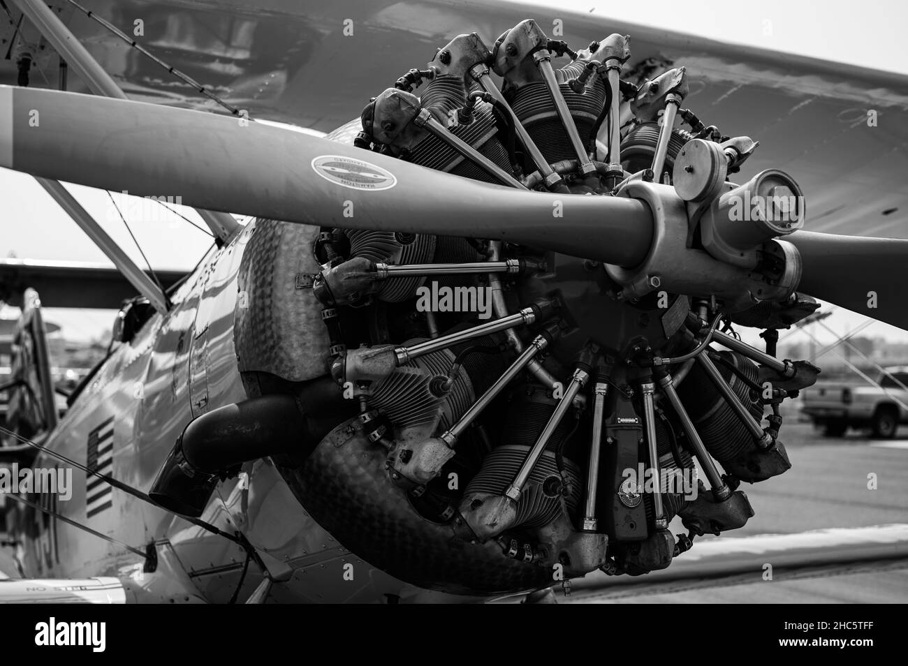 Grayscale image of a radial engine of the military trainer aircraft ...