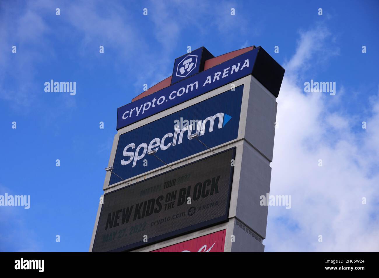 Crypto.com Arena signage is seen on the Staples Center marquee sign,  Friday, Dec. 24, 2021, in Los Angeles. The arena will officially be renamed  as the Cryto.com Arena on Christmas Day, Dec.