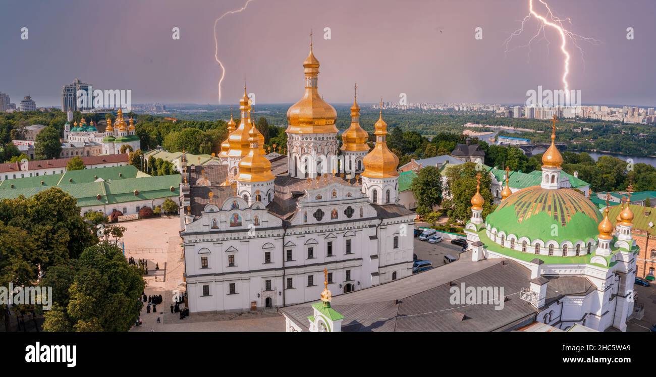 Magical aerial view of the Kiev Pechersk Lavra near the Motherland Monument. Stock Photo