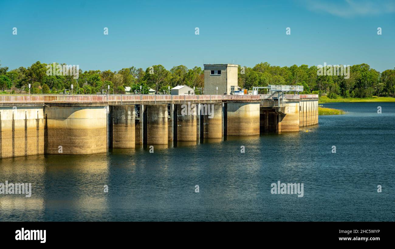 North Pine Dam built in 1976 with a concrete spillway across the North Pine River in South East Queensland, Australia Stock Photo