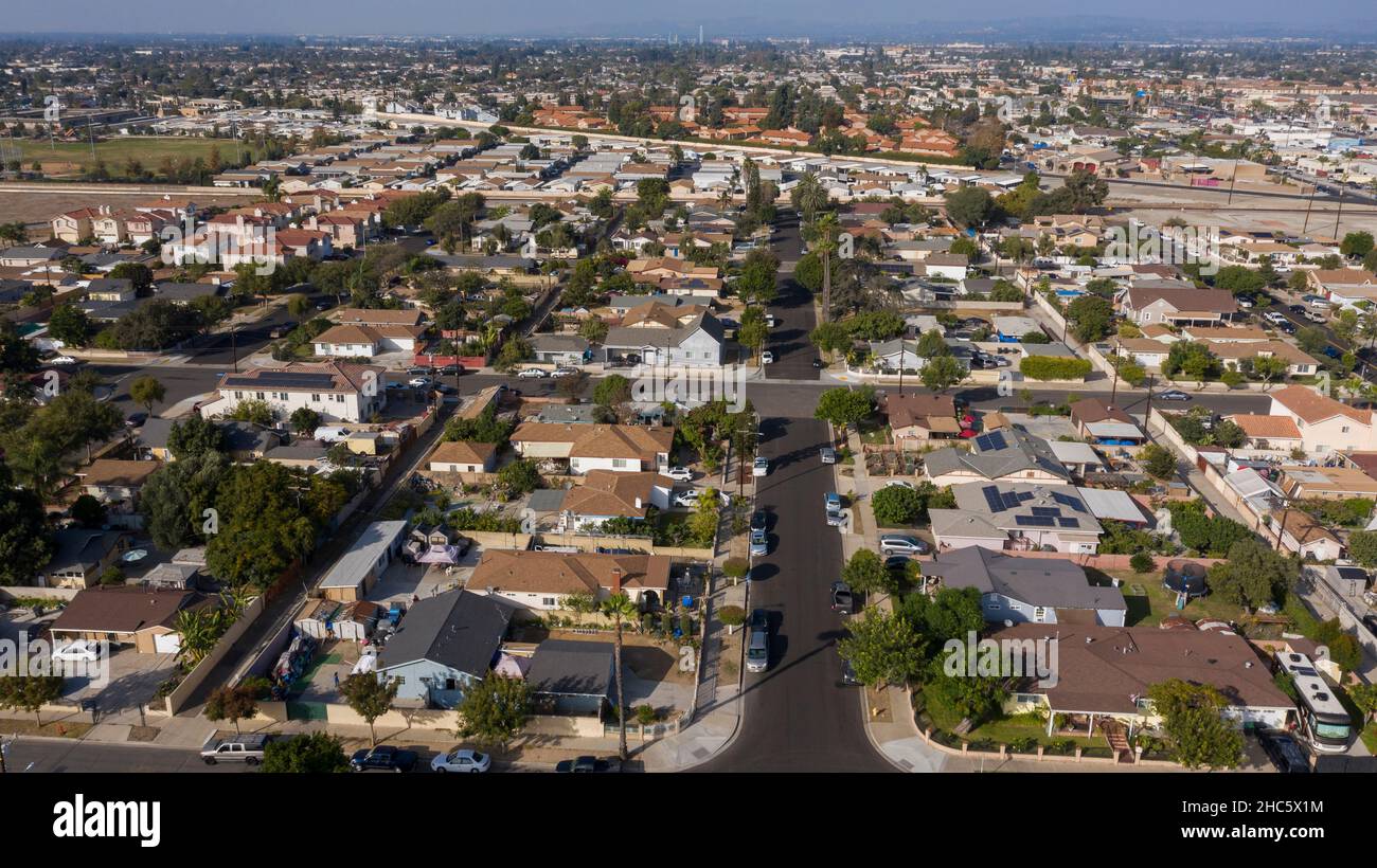 Daytime aerial view of the city of Stanton, California, USA Stock Photo