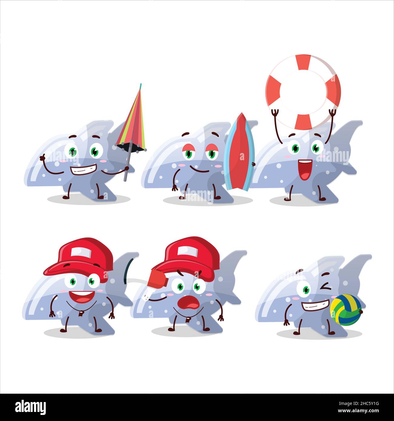 Happy Face plane blue gummy candy cartoon character playing on a beach