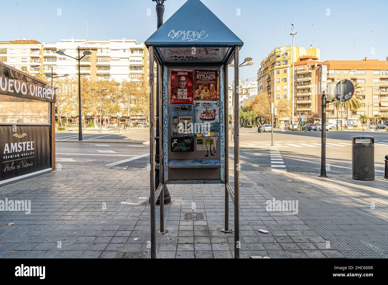Valencia, Spain. 15th Dec, 2021. A phone booth seen in the streets of Valencia.According to the new General Telecommunications Law (LGT), phone booths will disappear in 2022. The appearance of the mobile phone has been the main cause of the disuse of these booths. (Credit Image: © Xisco Navarro Pardo/SOPA Images via ZUMA Press Wire) Stock Photo