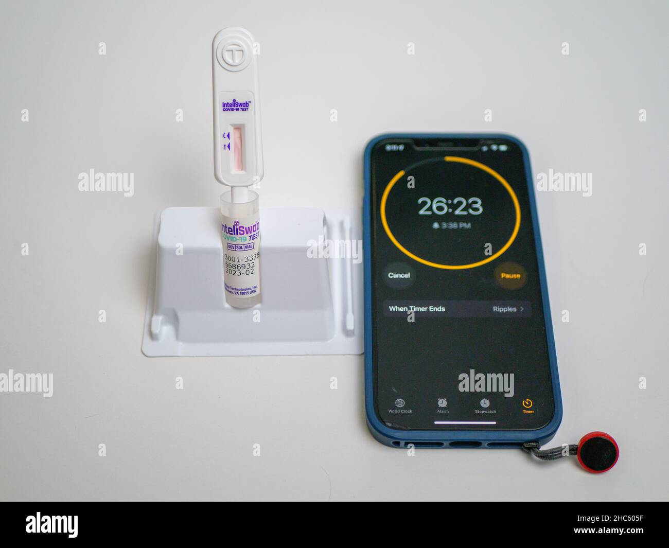 COVID-19 home antigen test kit. Test swab in reagent solution, cell phone used as timer. Stock Photo
