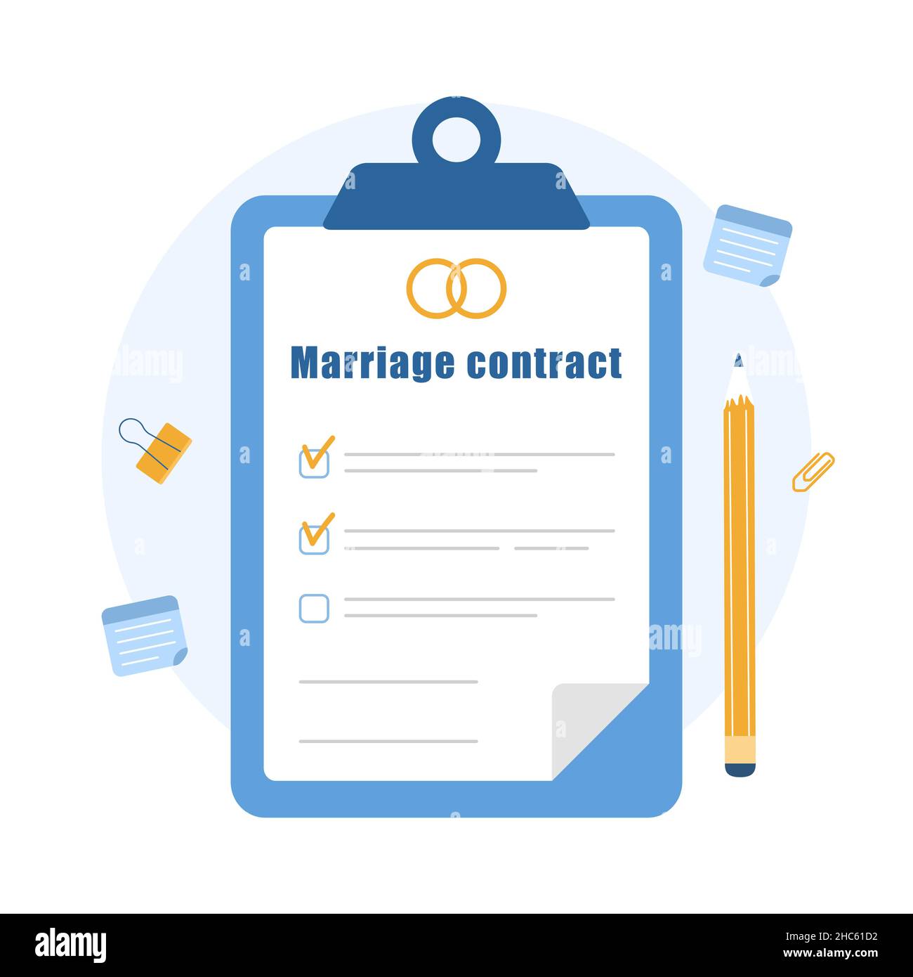 Marriage contract. Prenuptial agreement document. Couple divorce concept. Prenup wedding certificate. Vector illustration in flat cartoon style Stock Vector