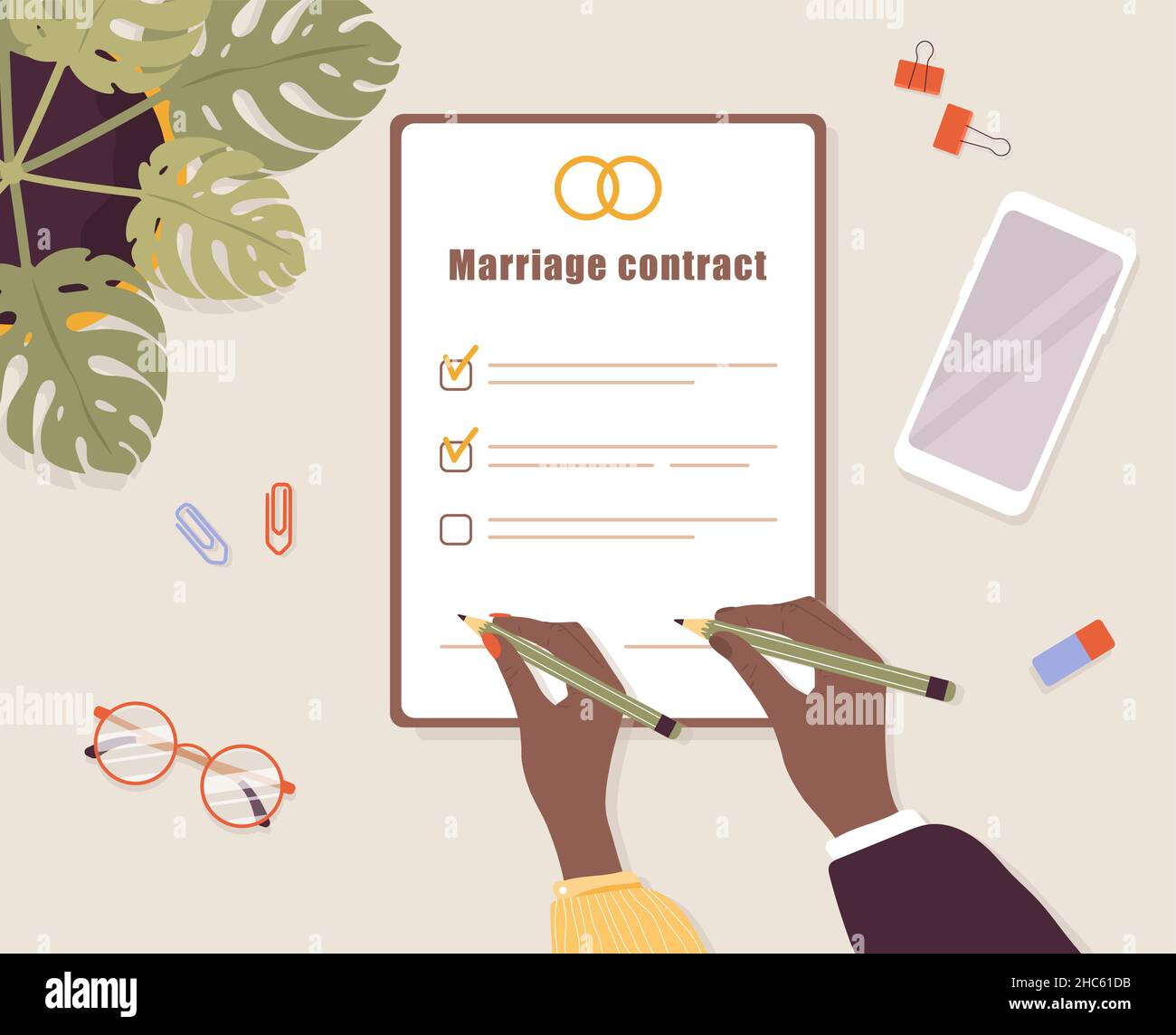 Marriage contract. Couple signs prenuptial agreement document. Prenup wedding certificate. Family divorce concept. Top-down view. Vector illustration Stock Vector