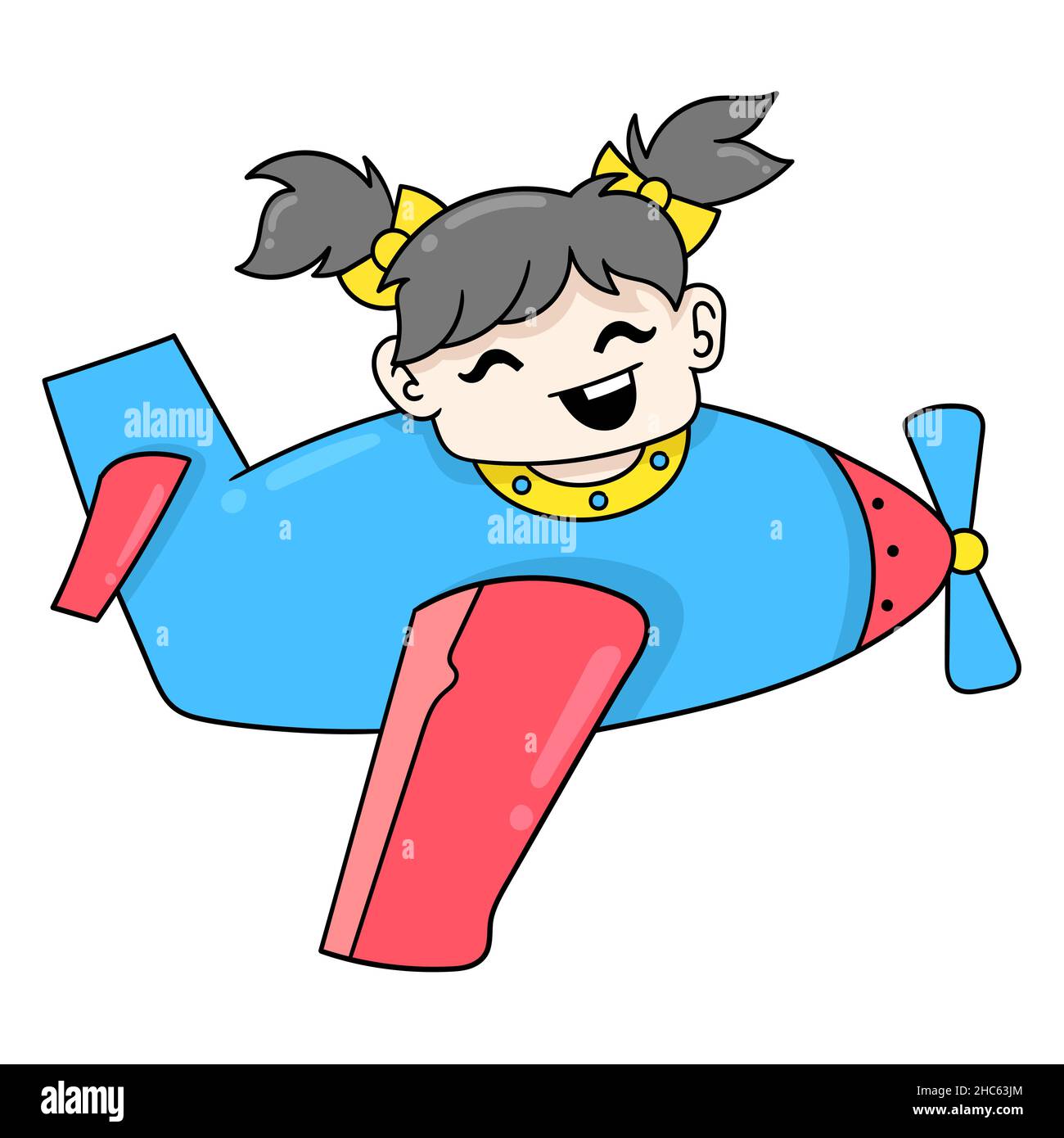 girl is happily flying on an airplane into the sky, vector illustration ...