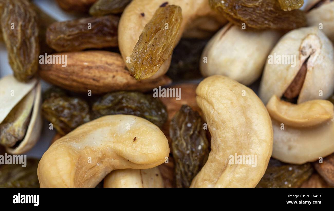 Trail mix dried fruits. Nuts, almonds, seeds, cashew, dried grapes
