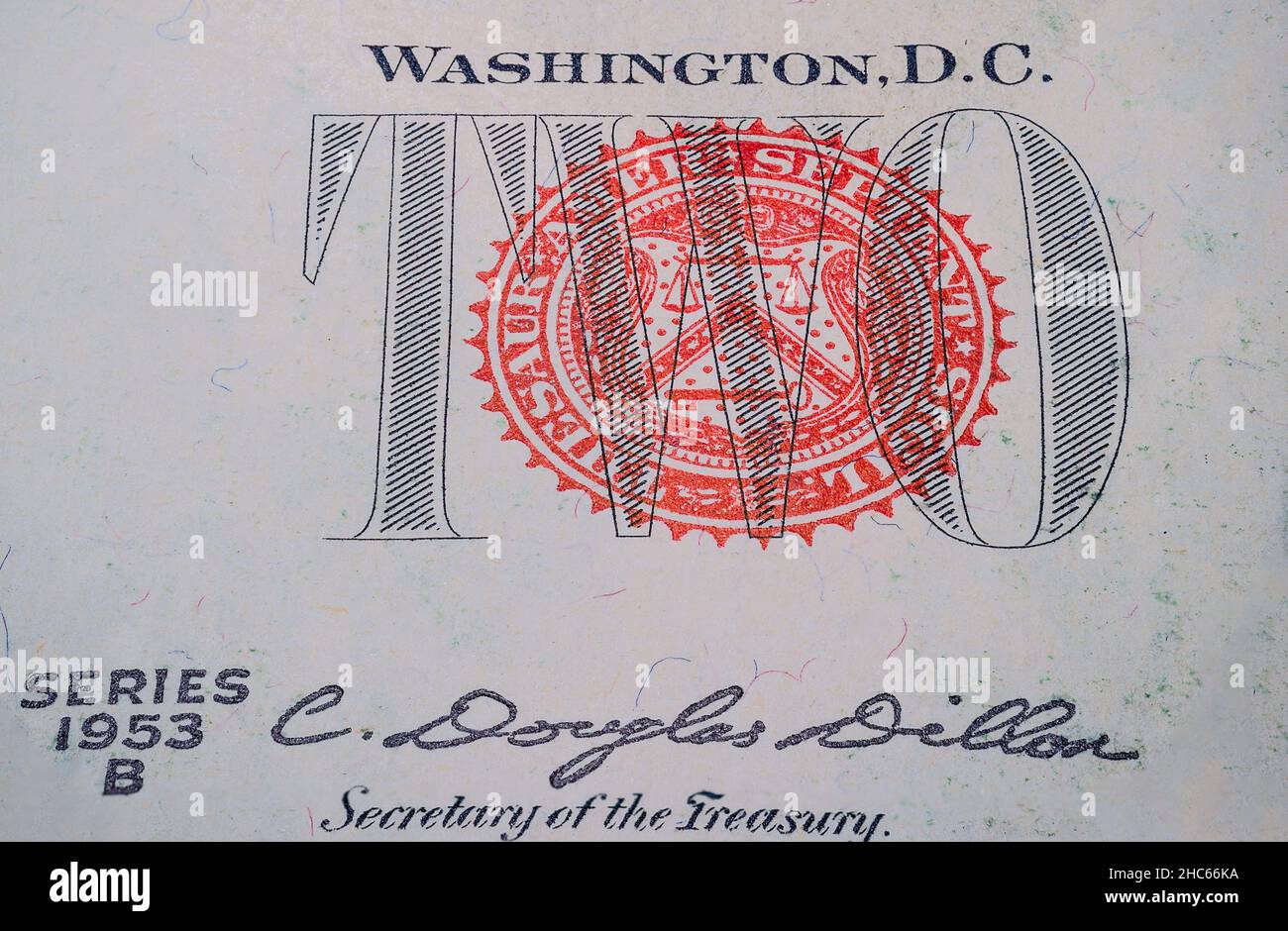 Closeup shot of the rare Red Seal on the US Two Dollar bill, 1953 ...