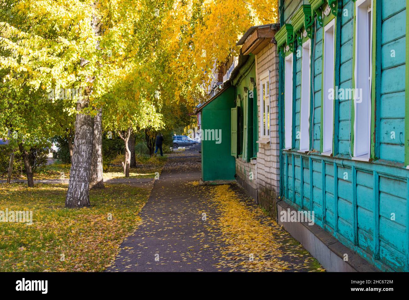 Rural image with a brick wooden green house with autumn gardenon the background Stock Photo