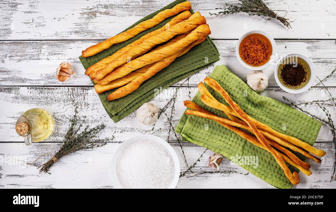 Crispy grissini breadsticks. Traditional Italian wheat bread with