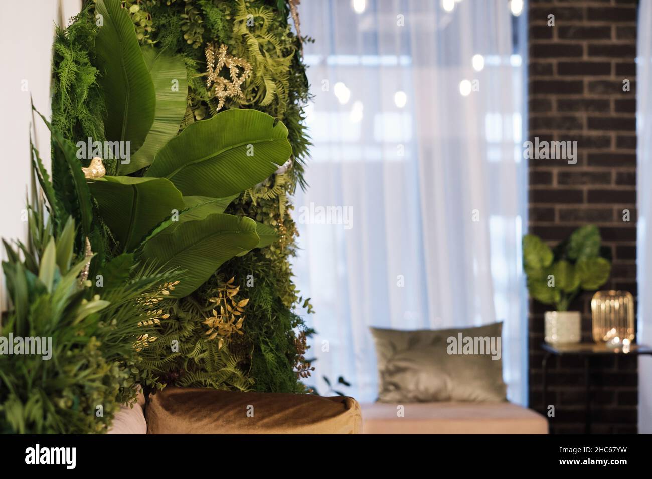 Green plants on the wall in the interior of the room. Vertical green garden in the room Stock