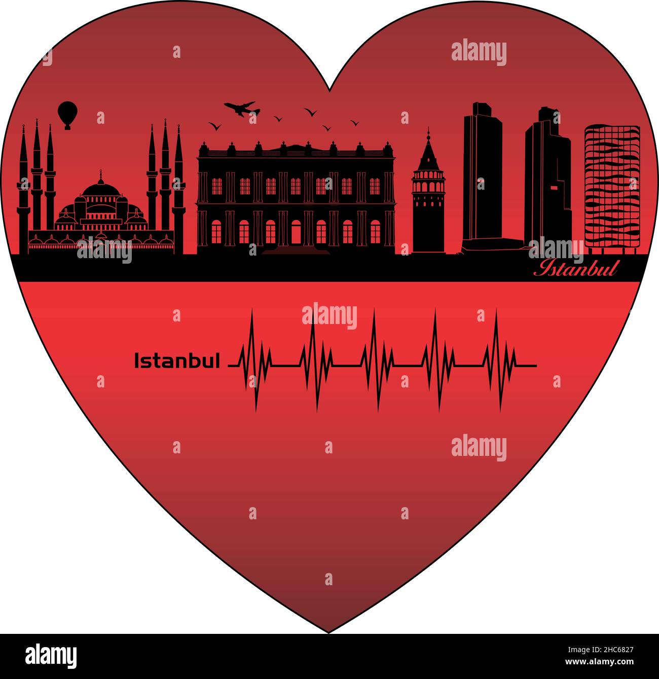 Istanbul in the heart - illustration,  Vector city skyline silhouette,  Istanbul Turkey Stock Vector